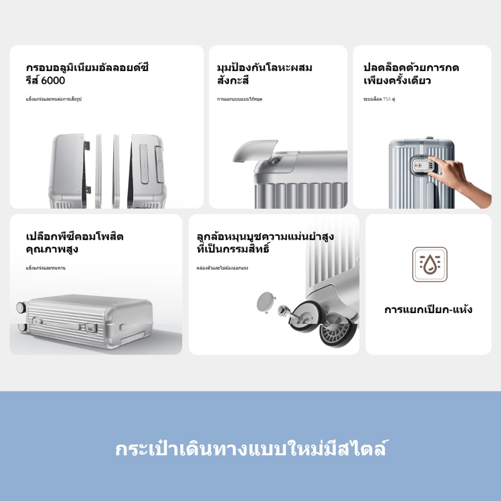 Xiaomi Aluminum Frame Luggage กรอบอลูมิเนียมอัลลอยด์ซีรีส์ 6000 แยกแห้งและเปียก เคส PC ล้อหมุนอิสระที่มีความไว