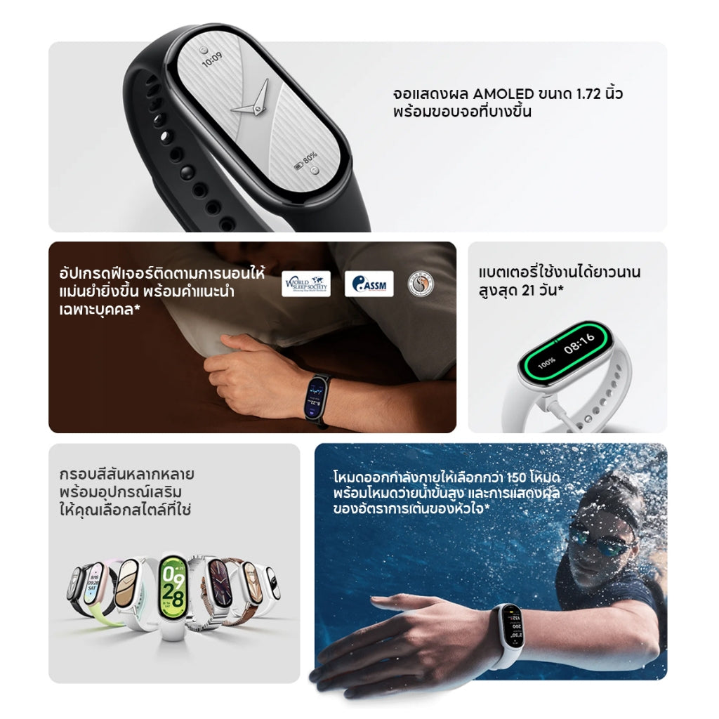 Xiaomi Mi Band 10 นาฬิกาสมาร์ทวอทช์ การวัดออกซิเจนในเลือด หน้าจอ1.72"60Hz AMOLED การปรับความสว่างได้อัจฉริยะ band9
