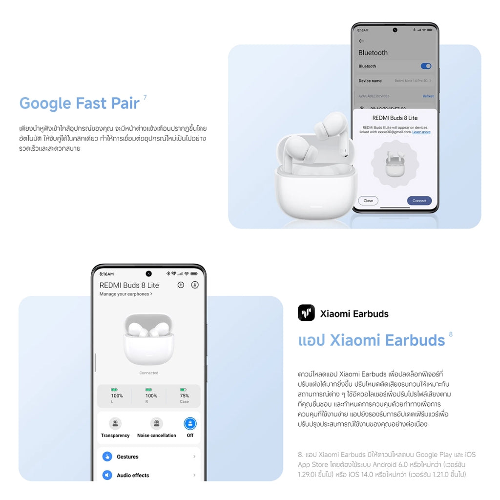 Xiaomi Redmi Buds 8 Lite Wireless Bluetooth Earphone แบตเตอรี่ใช้งานได้นาน 36 ชั่วโมงตัดเสียงรบกวน 42dB