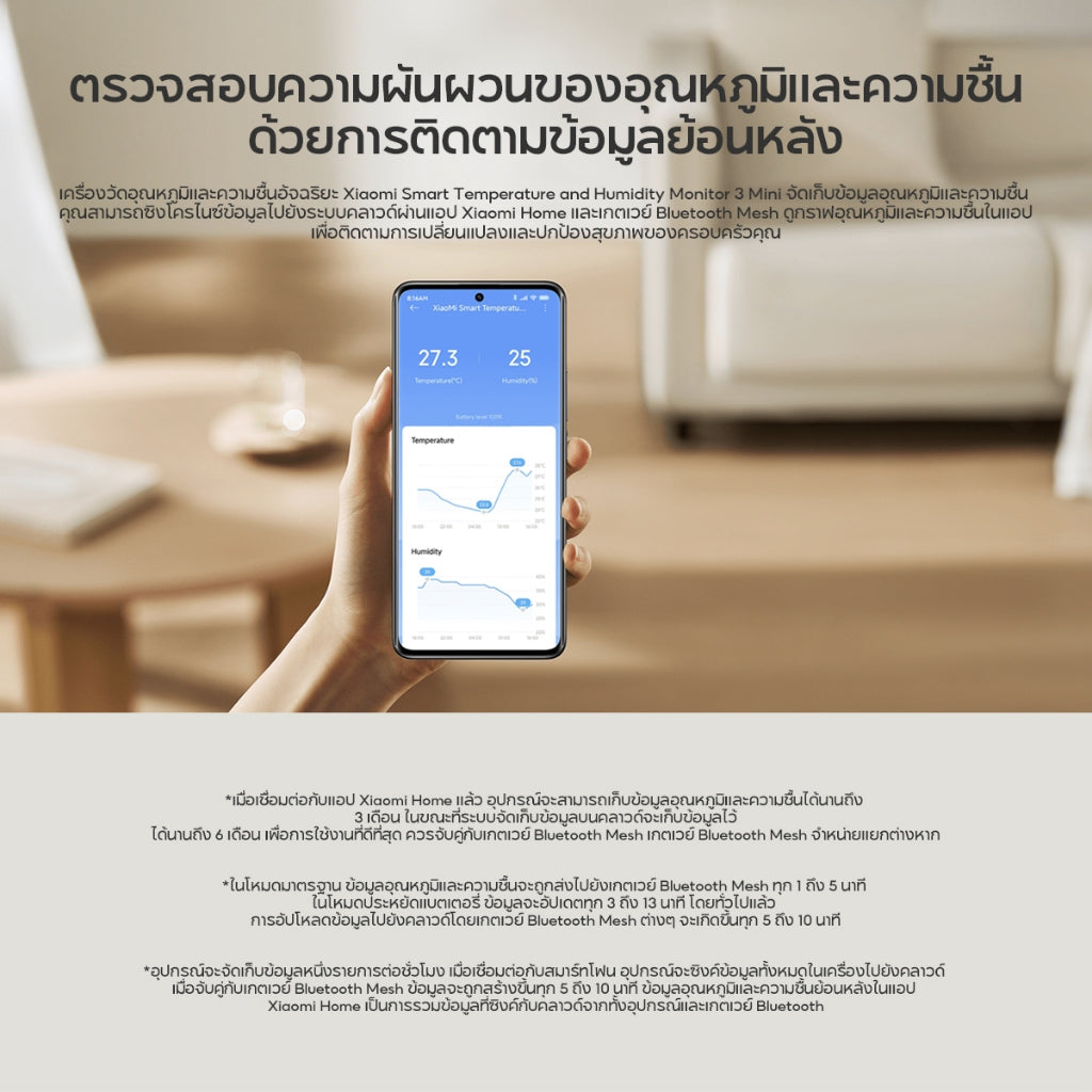 Xiaomi Smart Temperature and Humidity Monitor 3 Mini แบตเตอรี่ใช้งาน ได้ยาวนานเป็นพิเศษ เซ็นเซอร์ ความแม่นยำสูง