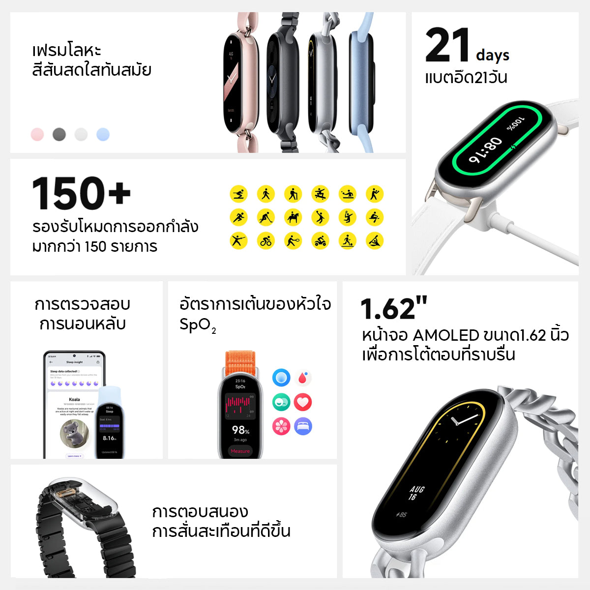 Xiaomi Band 9 Smart นาฬิกาสมาร์ทวอทช์ การวัดออกซิเจนในเลือด หน้าจอ1.62" 60Hz AMOLED การปรับความสว่างได้อัจฉริยะ