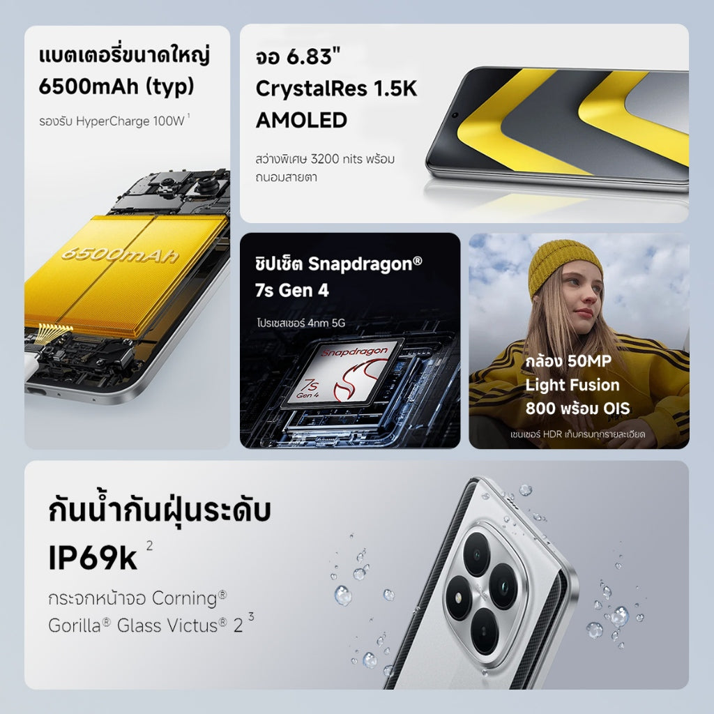 Xiaomi POCO M8 Pro แบตเตอรี่ขนาดใหญ่ 6500mAh Snapdragon® 7s Gen 4 มีคุณสมบัติป้องกันฝุ่นและน้ำ IP68