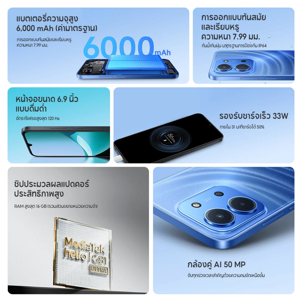 Xiaomi Redmi 15C 6+128 / 8+256 จอใหญ่ เต็มตา 6.9 นิ้ว ความละเอียด HD+ กล้องคมชัด 50MPพร้อม AI แบตอึดเต็มวัน 6000mA