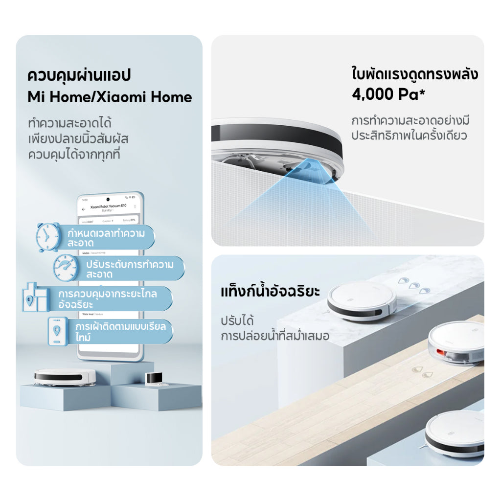 Xiaomi Mi Mijia Robot Vacuum Mop E10/E10C / E5 หุ่นยนต์กวาด เครื่องดูดฝุ่น ดูดแรง 4000Pa โหมดคู่ดูดฝุ่น/ถูพื้น