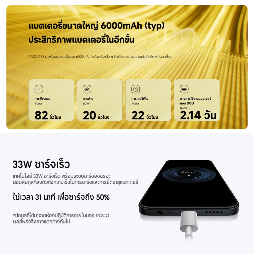 Xiaomi POCO C85 แบตเตอรี่ความจุสูง 6000mAh (typ) หน้าจอแสดงผลขนาด 6.9 นิ้ว กล้อง AI คู่ความละเอียด 50MP