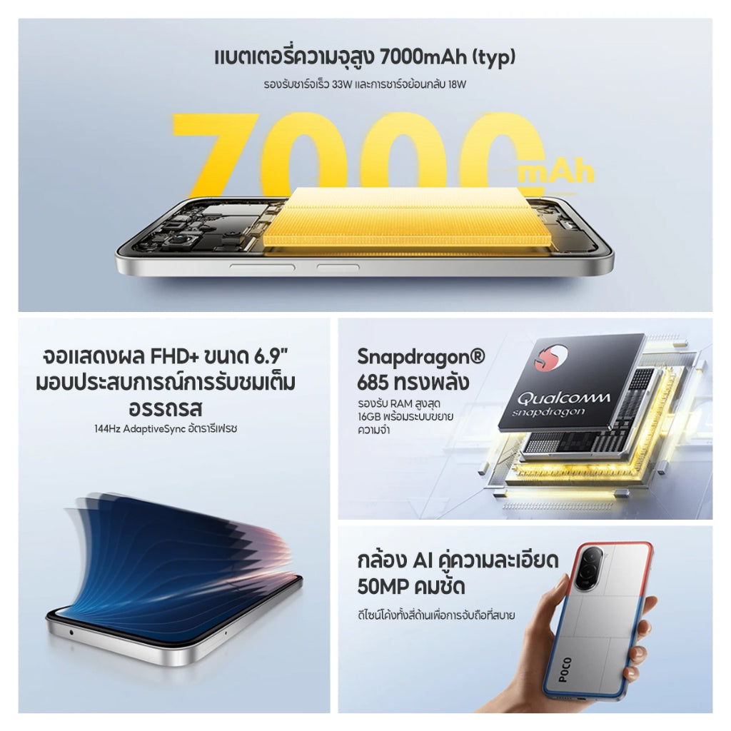 Xiaomi POCO M7 8+256 แบตเตอรี่ความจุใหญ่  7000mAh (typ) ชิปประมวลผล Snapdragon®685 ทรงพลัง กล้องคู่ AI ความละเอียด