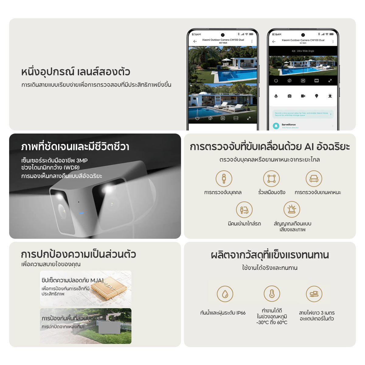 [NEW] Xiaomi Outdoor Camera CW100 DUAL ตรวจจับด้วย AI จากสองมุมมอง กล้องคู่มุมกว้างพิเศษ 2K การมองเห็นกลางคืนแบบเต็มสี