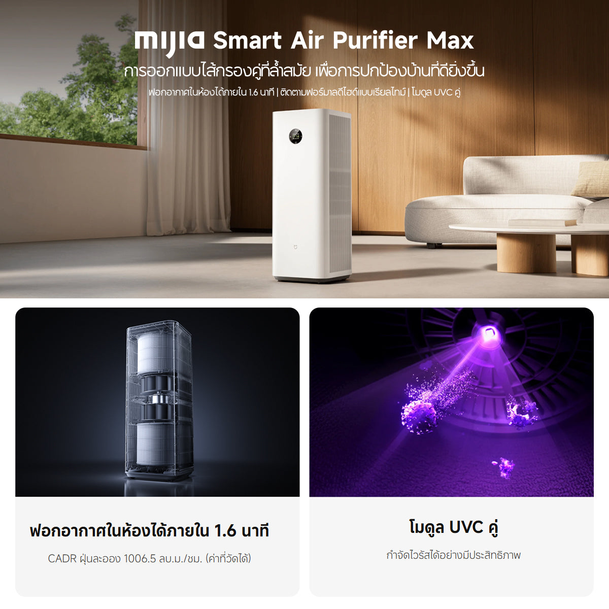 [NEW] Mijia Smart Air Purifier Max โครงสร้างฟิลเตอร์คู่ใบพัดนวัตกรรม ระบบเซ็นเซอร์ความละเอียดสูง 6 ระบบ หน้าจอ LCD สี